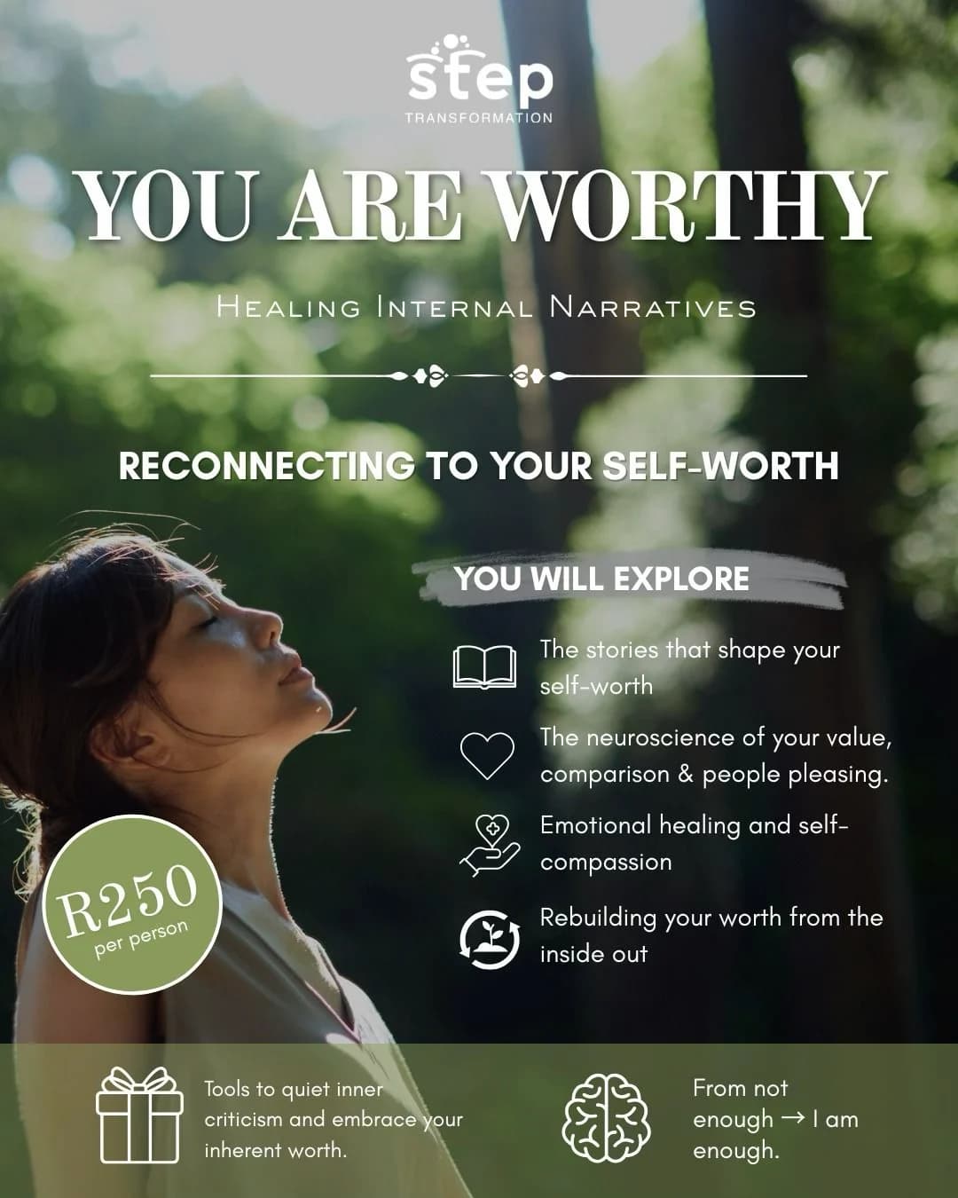 You Are Worthy — Healing Internal Narratives & Reconnecting to Your Self-Worth workshop poster, hosted by Step Transformation